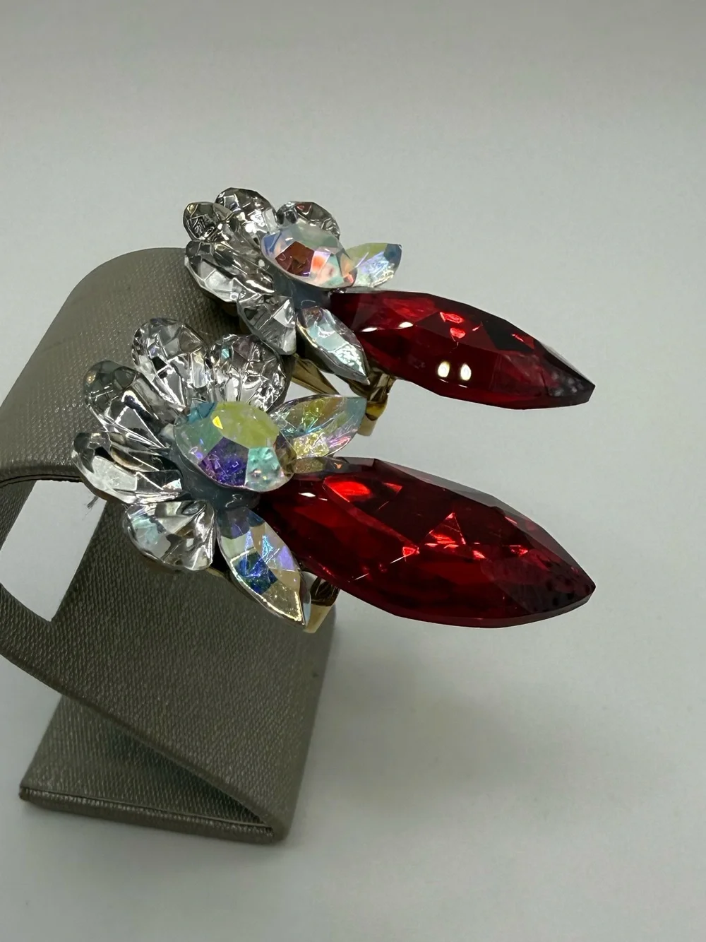 Vintage Signed Nelly Red AB Rhinestone Clip-On Statement Earrings 1.75”